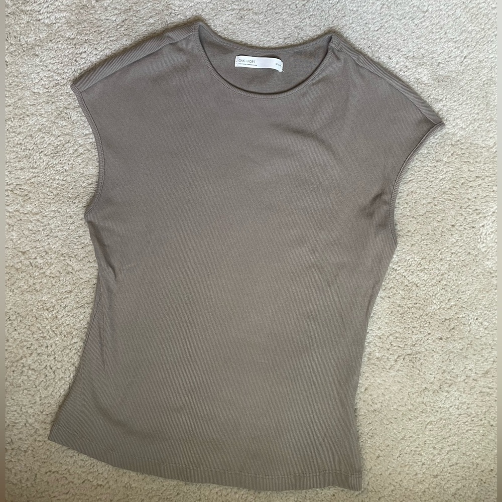 OAK + FORT Cap-Sleeve Ribbed Tank in Taupe - fitted elevated casual top